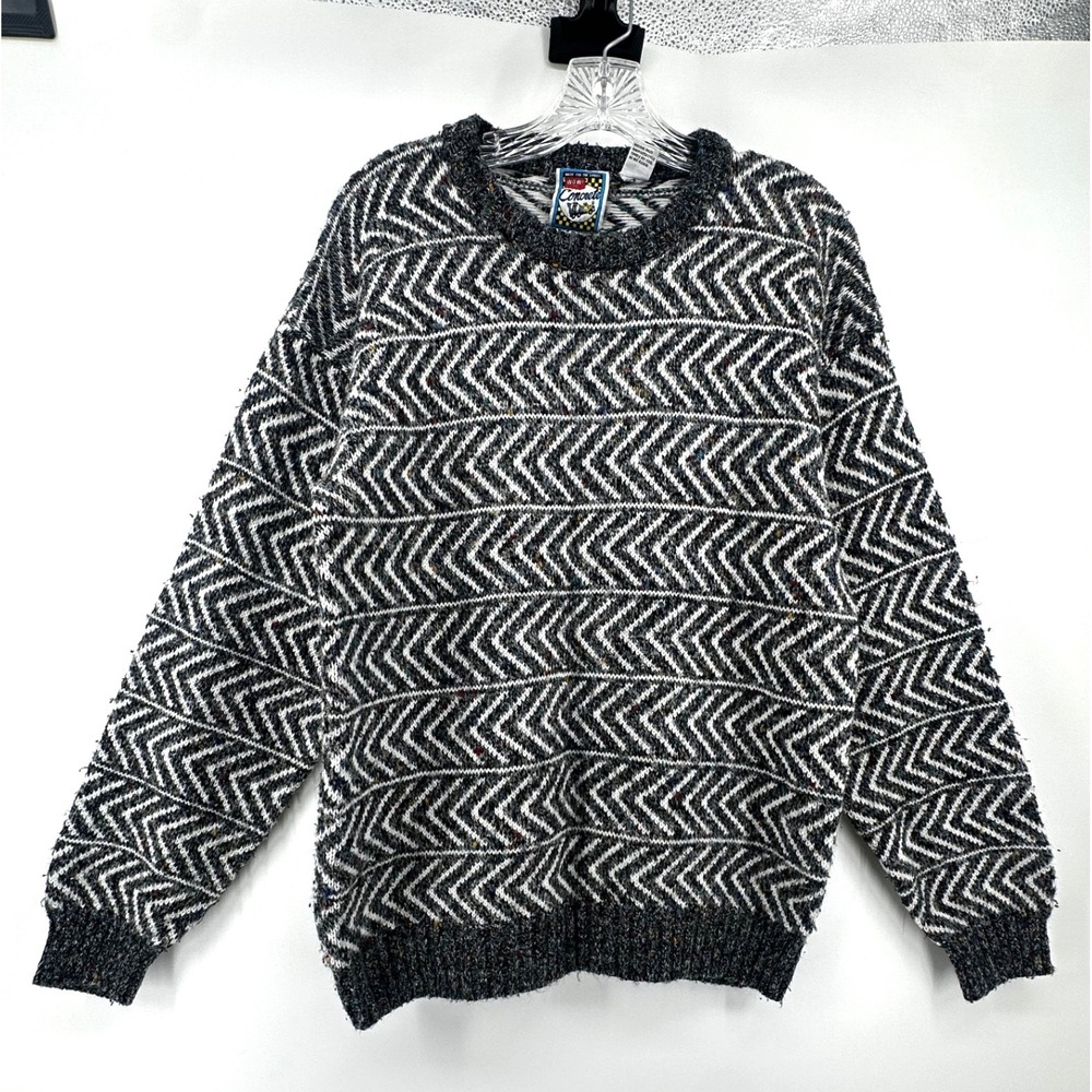 Vintage Concrete Mens Small Herringbone Knit Sweater Confetti Fleck Grey 90s